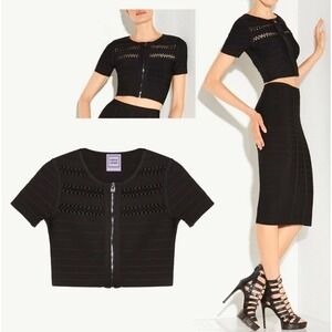 Herve Leger GHLEANNA Small‎ Black Cage Stitch Crop Jacket Top Short Sleeve $1140